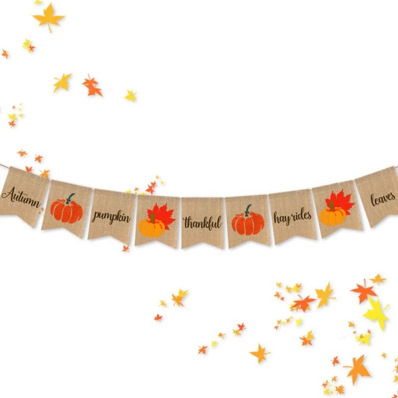 

Thankful Pumpkin Maple Leaves Banner Garland Linen Cloth Fall Harvest Thanksgiving Day Hanging Decorations Party Decorations