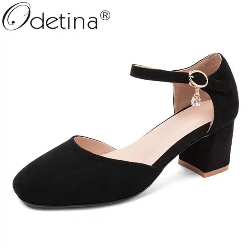 

Odetina Women Fashion Buckle Strap Crystal New Mary Janes Pumps Femlae Faux Suede Block High Heel Round Toe Concise Casual Pumps