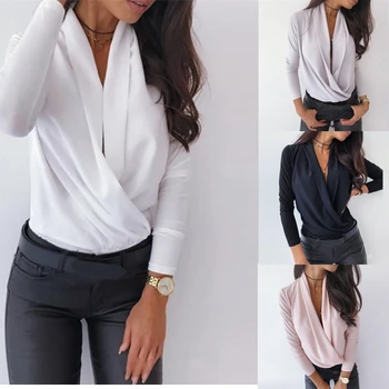

SZMALL Newest Long Sleeve V Neck Shirt For Women Winter Spring warm Loose Lady Solid Tops Blouse Clothes