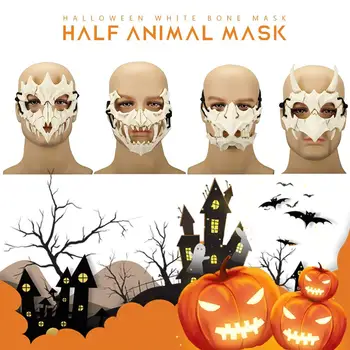 

Halloween Half Animal Mask White Bone Mask Dragon Tiger Mask Cosplay Long Teeth Demon Samurai Resin Mask Party Prop