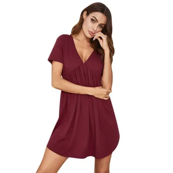 

Woman Sleepdress Female Spring Summer Newest Casual Deep V-Neck Solid Color Short Sleeve Pleated Mini Knit Nightgown Homedress