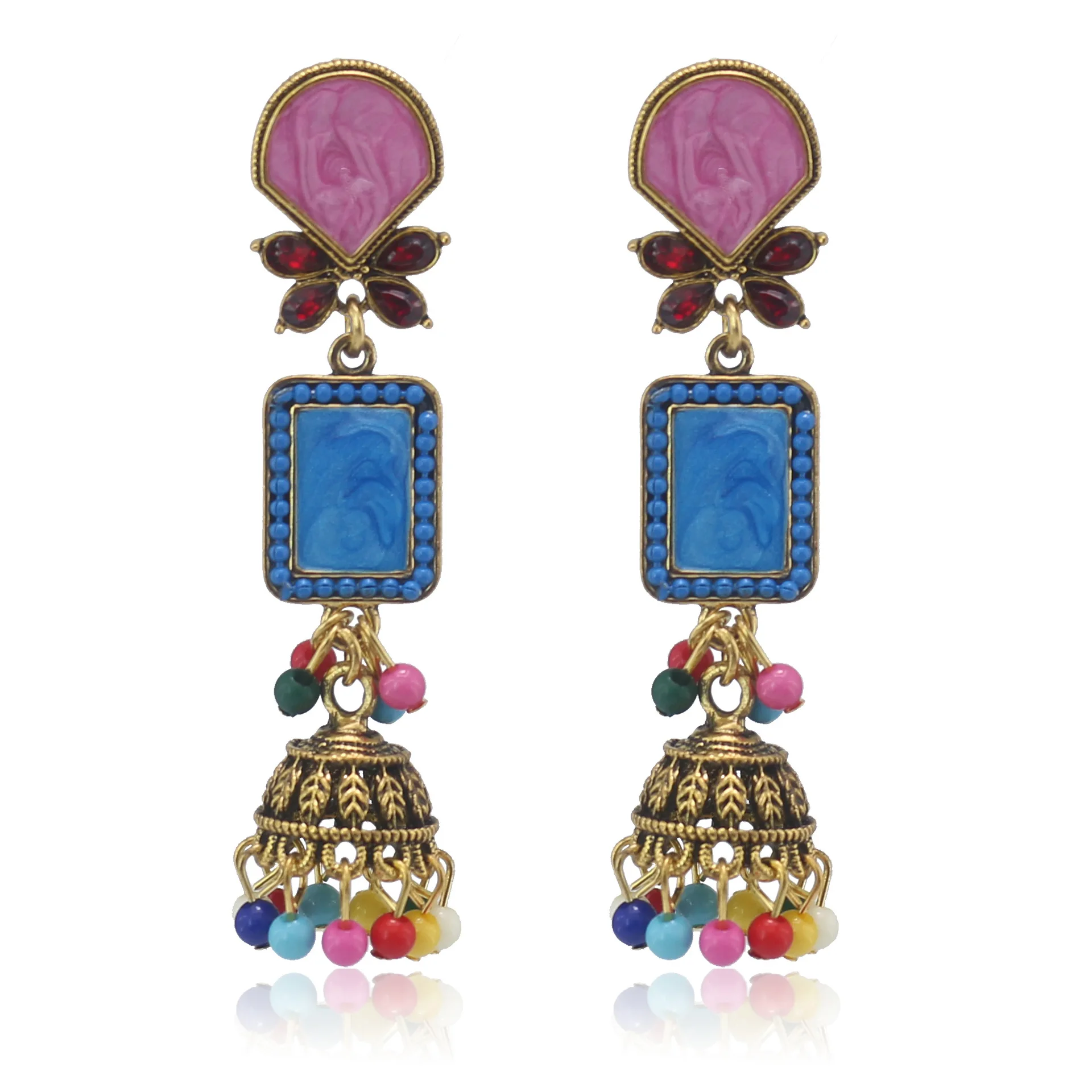 Индийские серьги Jhumka Jhumki золотистые металлические сережки-подвески с бусинами
