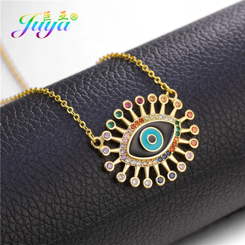 Juya Handicraft New Year Christmas Gift Rainbow Crystals Gold Greek Turkish Enamel Evil Eye Charm Pendant Necklace For Women Men | Украшения