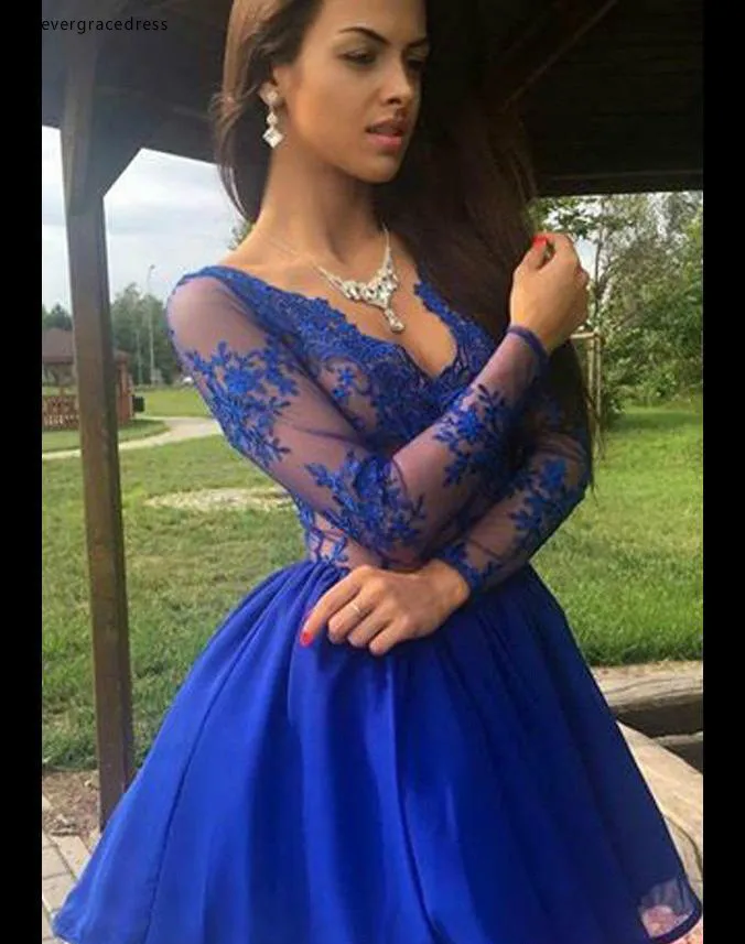 2018 Royal Blue Sheer V Neck Homecoming Dresses Appliques Long Sleeves Knee Length Prom Dresses Cocktail Dress Mother Dress Arabic  115 (1)