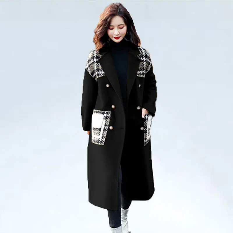 New Women Warm Winter Cashmere Coat Ladies Work Office Elegant Vintage Plaid Long Wool Blends Coats Winter jacket manteau femme