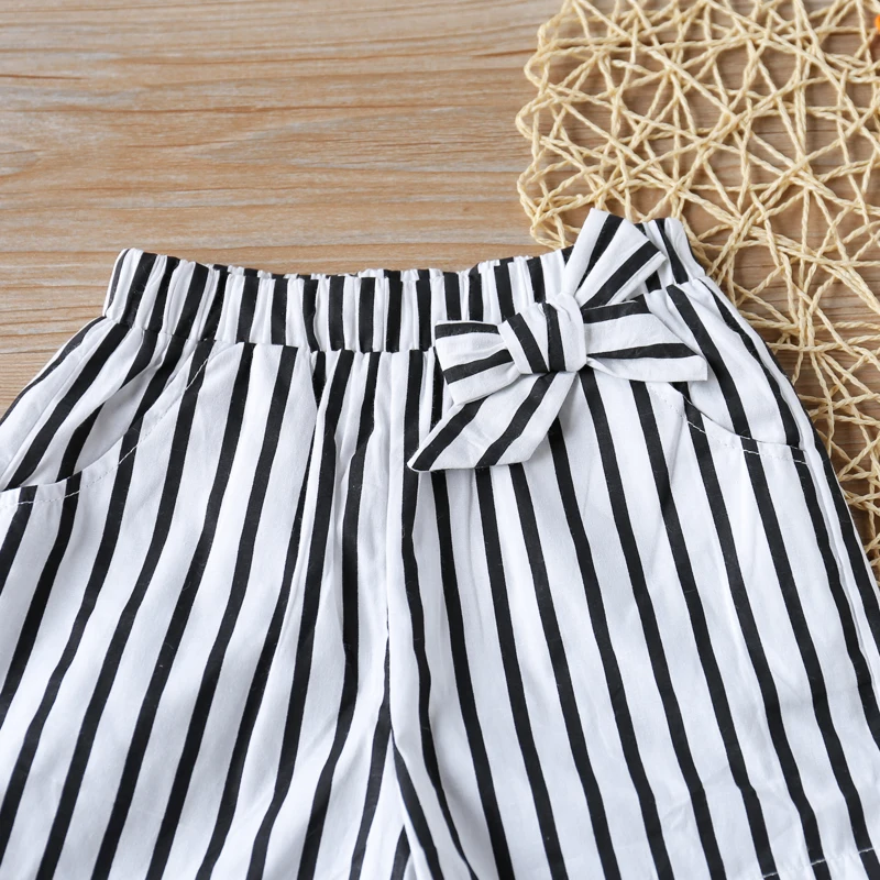 Humor Bear Girls Clothes Set Summer Short Sleeve Round Neck T-Shirt +Striped Shorts 2pcs Casual Kids Clothes