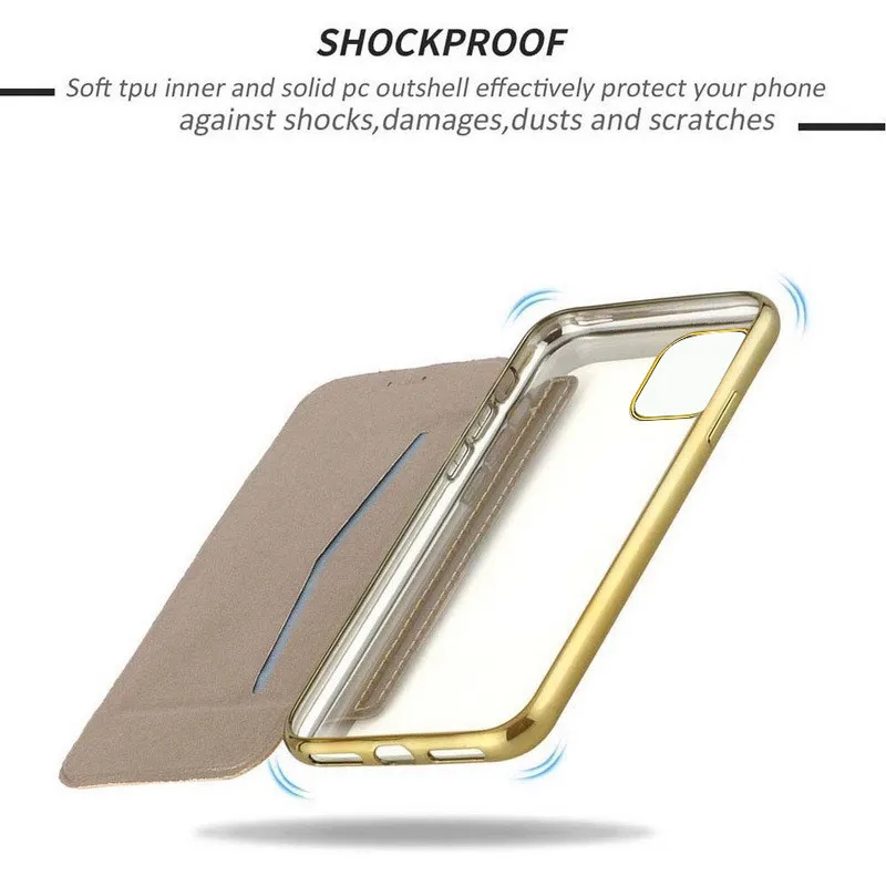 Thời Trang Mạ Điện Slim Book Flip Case Cho iPhone X XR XS Max 5 5S SE 6 6S 7 8 8 Plus 11 Pro Max Khe Cắm Thẻ Đứng Bao Da Clear apple charging case