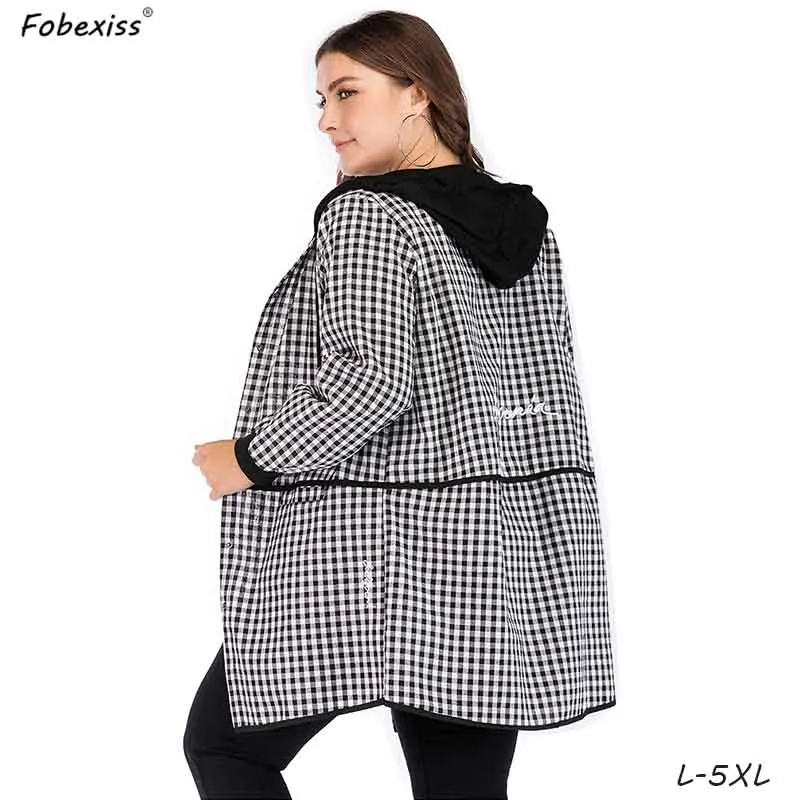 Клетчатая куртка размера плюс 5XL с капюшоном, свободные женские длинные осенние куртки с буквенным принтом, повседневное пальто, верхняя одежда, модная женская куртка