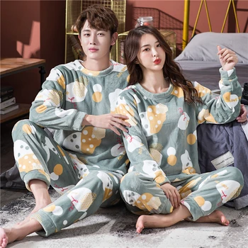 

Winter New Long Sleeve 2020Women Pajamas Set Warm Cartonn Print Flannel Pajama Couple Coral Velvet Sleep Wear Pyjamas 2Piece Set