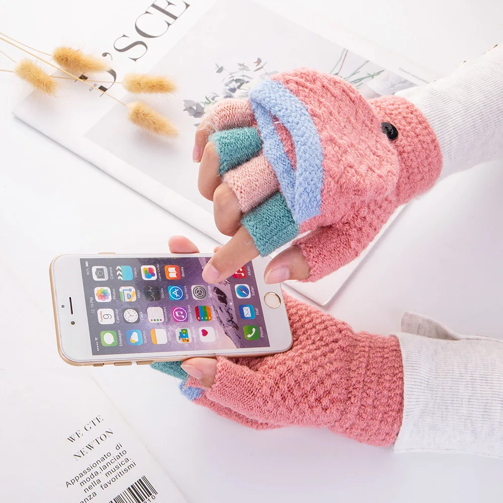 Winter Touch Screen Gloves Women Warm Stretch Knit Mittens Imitation Wool Half Finger Female Crochet Thicken Cute Cycling Gloves