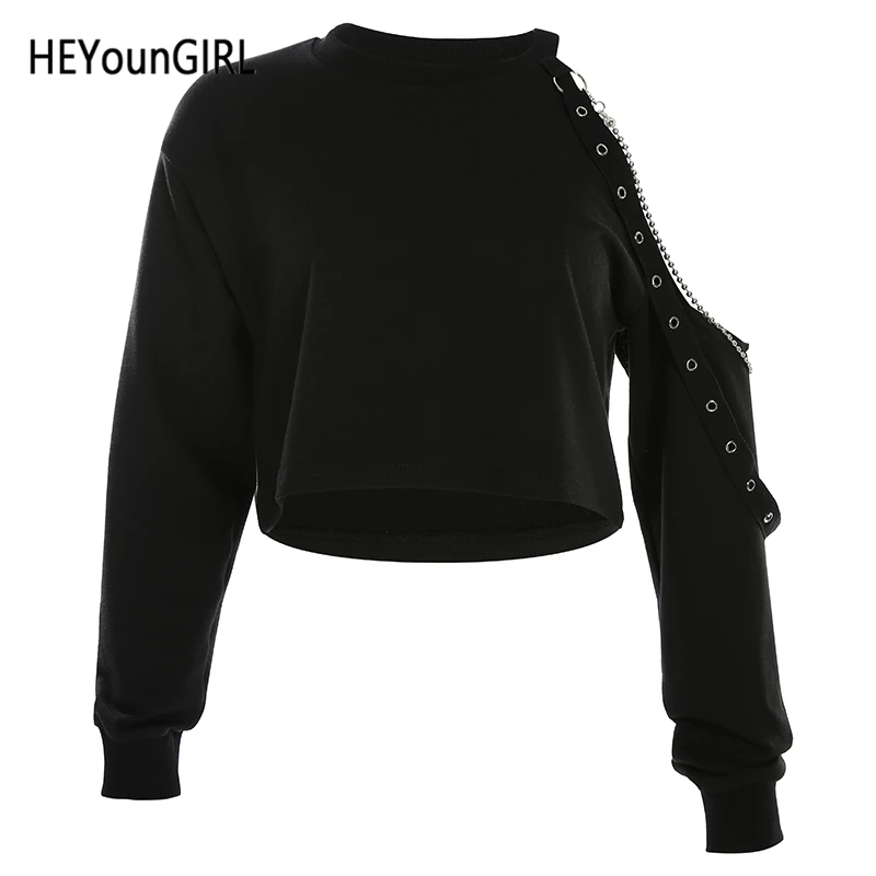 HEYounGIRL вырез Открытое плечо Harajuku толстовка панк готический черный толстовки для женщин с длинным рукавом укороченный топ кофты осень - Цвет: Черный