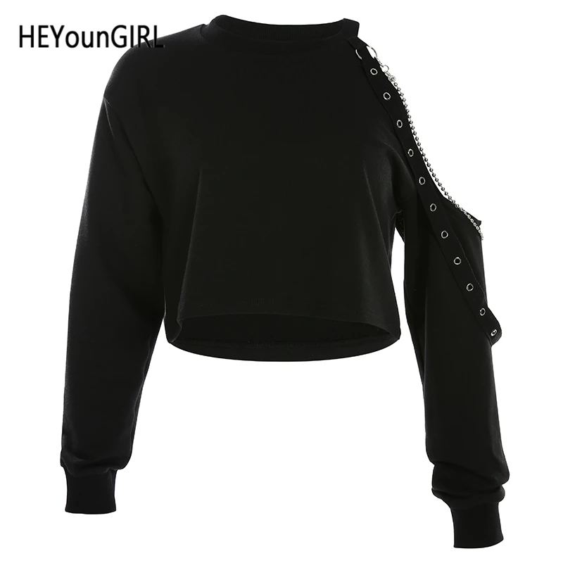 Черный HEYounGIRL вырез Открытое плечо Harajuku толстовка панк готический черный толстовки для женщин с длинным рукавом укороченный топ кофты осень - Цвет: Черный