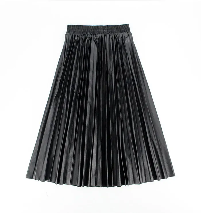 Autumn Fashion New PU Leather Pleated Skirt Elastic High Waist All-match Female's Bottoms