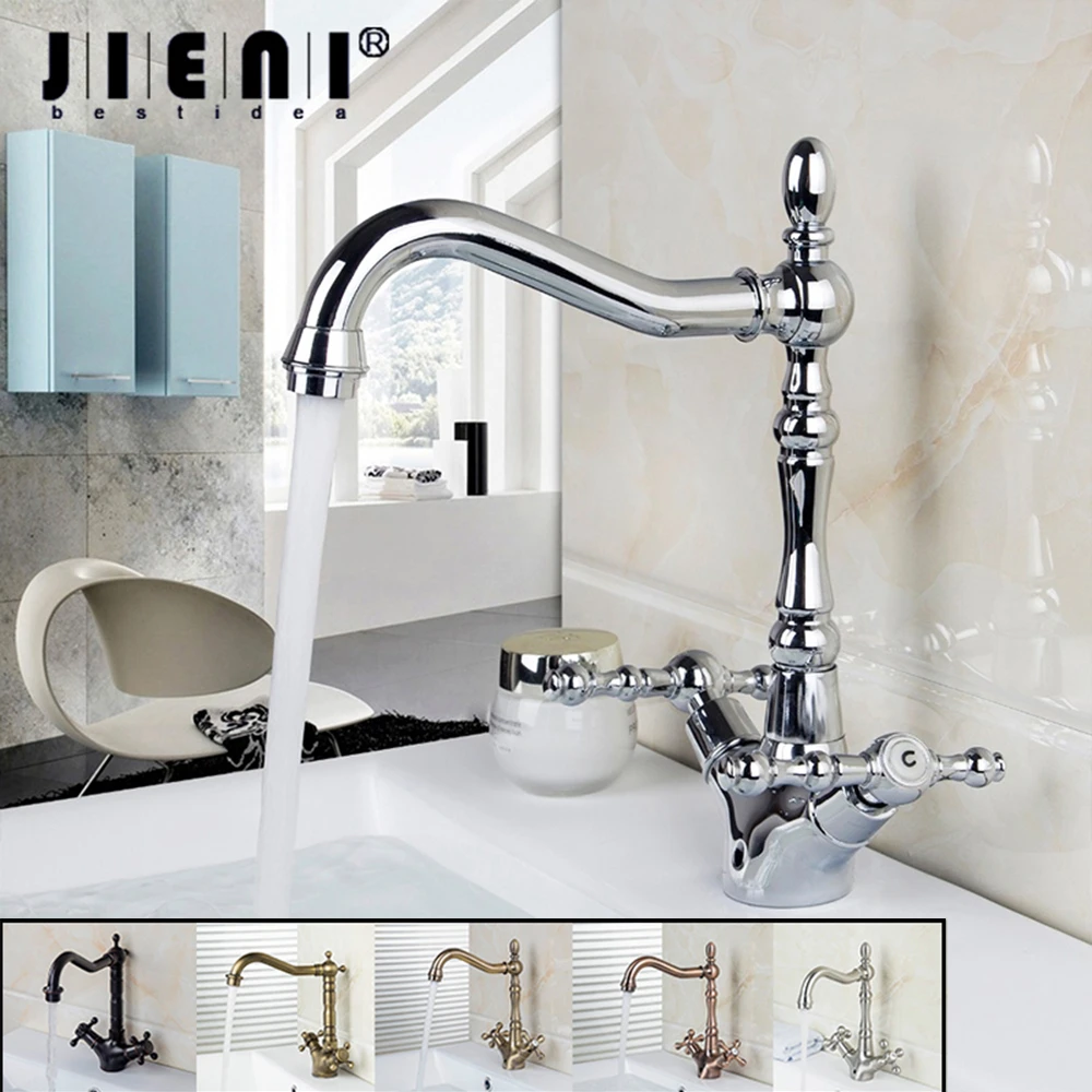 JIENI Antique Brass 360 Degrees Swivel Chrome Polish Dual Handles Gold Kitchen Bathroom Wash Basin Sink Faucet Rotated Mixer Tap pot filler faucet