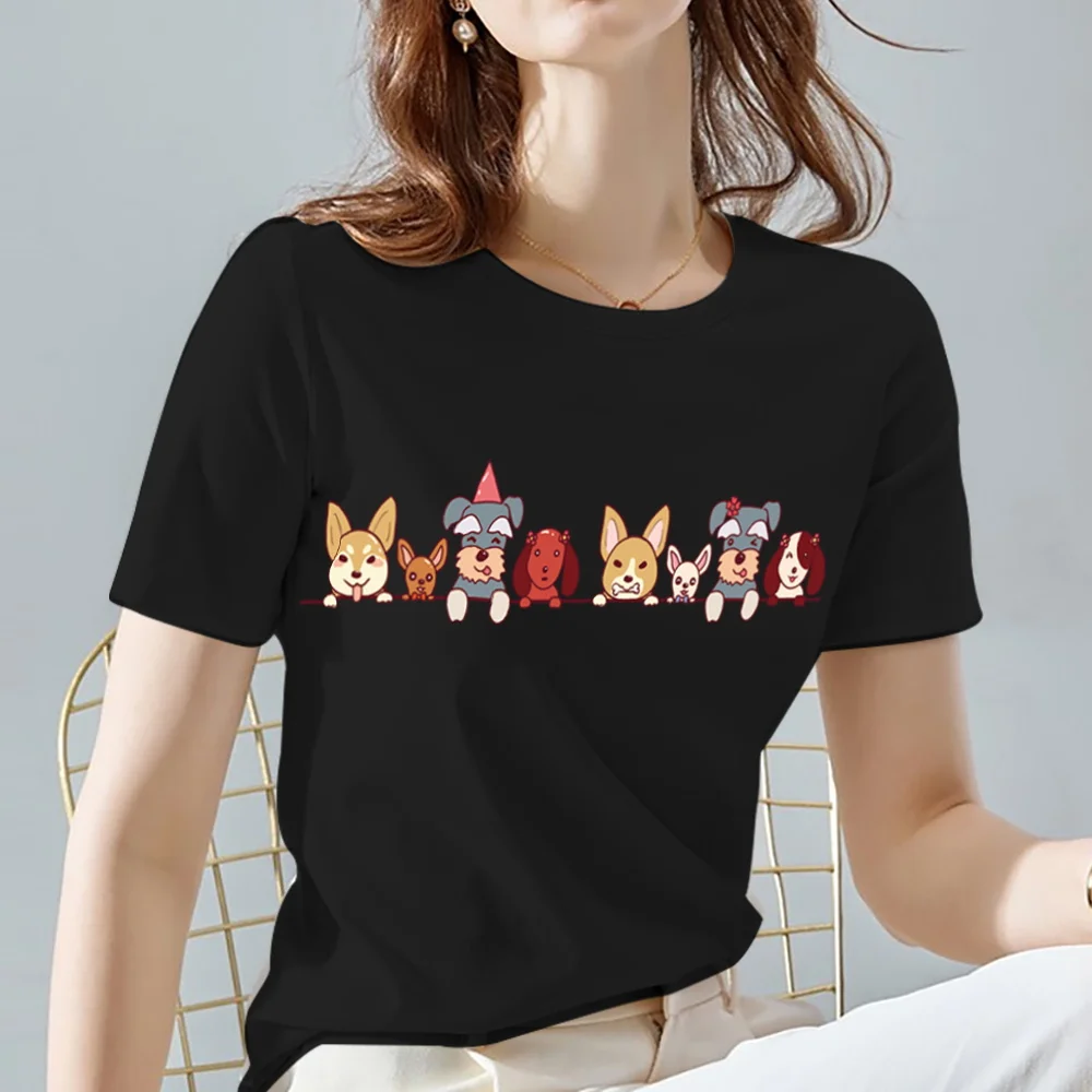 Maglietta Da Donna Ladies Black All-Match Top Kawaii Cartoon Dog Animal Series Manica Corta Tee Commuter Abbigliamento Donna, Drop Shipping