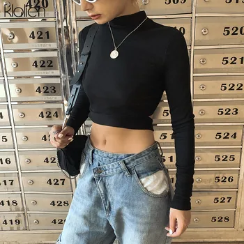 

KLALIEN women hollow out fashion tshirts long sleeve turtleneck knitted T-shirts female stretchy tees streetwear 2020 new spring