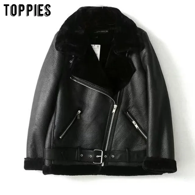 US $45.15 Winter Sheepskin Coats Women Thicken Faux Leather Fur Coat Female Fur Lining Leather Jacket Aviator