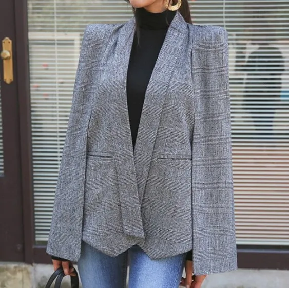 Chic Cloak Cape Blazer Women Work Wear Open Front Poncho Ladies Casual Split Long Sleeve Slim Jacket Blazer Mujer Black Plaid