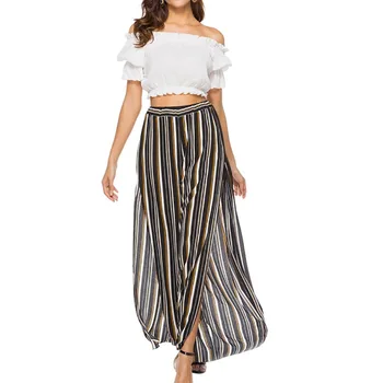 

2019 Autumn Side Split Striped Pants Elastic High Waist Wide Leg Pants Fashion Beach Style Chiffon Trousers Hot Sale Hot