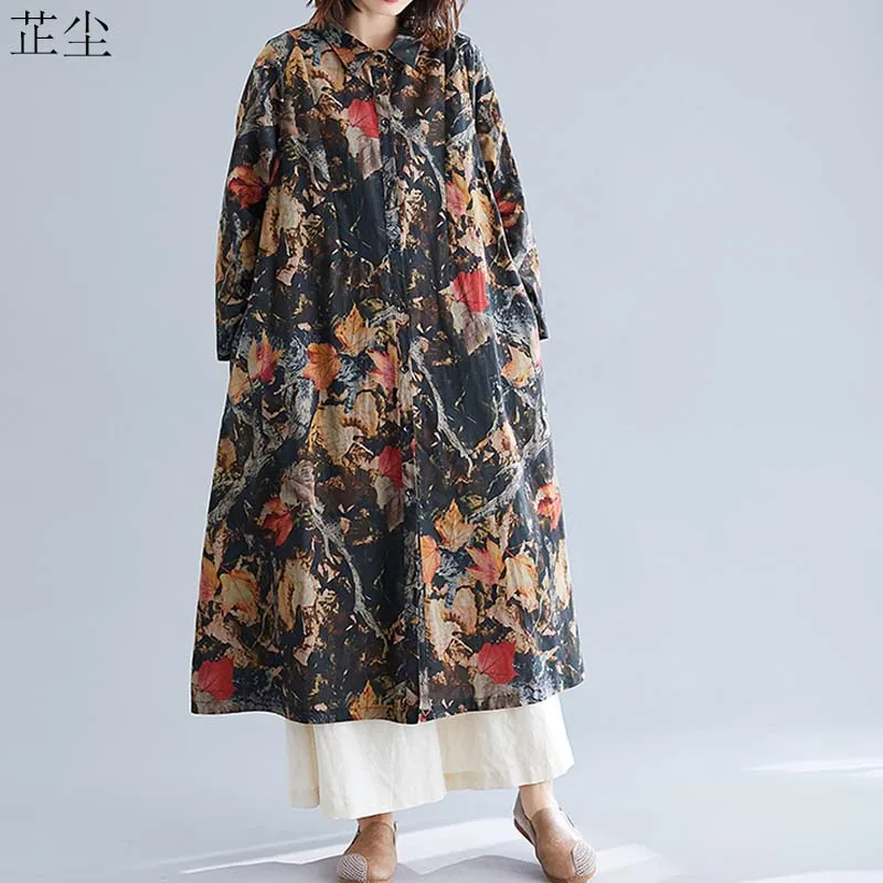

Vintage Leaf Print Shirt For Women Plus Size Long Sleeve Blouse Dress Lady Cotton Linen Long Cardigan Shirt Roupa Feminina 2019