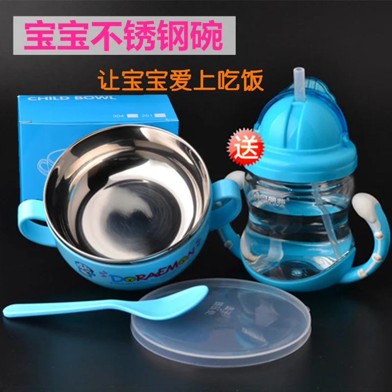 

Infant Child Bowl Spoon Set Baby Stainless Steel Cutlery Cartoon Small Bowl Food Supplement Rice Bowl with Lid Shatter-resistant