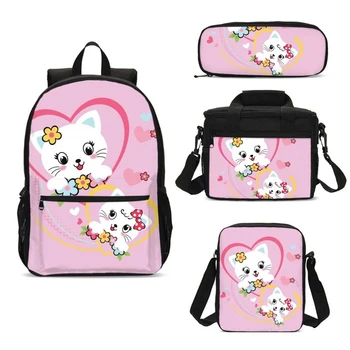 

4Pcs/Set Portfolio School Bag For Boys Girls Floral Cute Cartoon Cat 3D Printing Backpacks Kids Bookbag Ice Bag Mochila Escolar