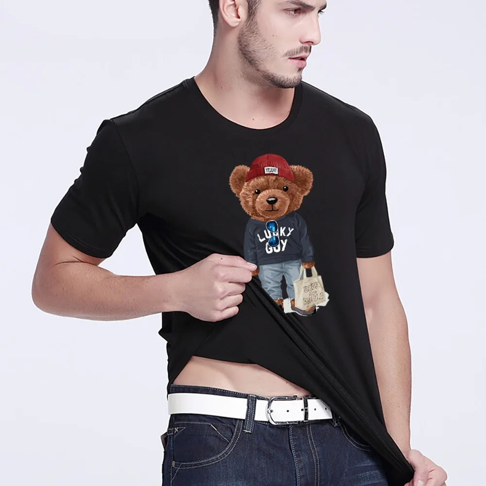 2022 Summer Bear Print Short-sleeved T-shirt Male Short Sleeved Summer Casual Loose O-Neck Tees Harajuku Streetwear Men T Shirt