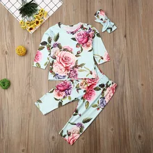 Pudcoco/Осенняя Одежда для новорожденных девочек хлопковая футболка с длинными рукавами и цветочным принтом топы, длинные штаны повязка на голову, комплект одежды из 3 предметов