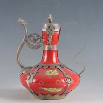 

DELICATE CHINESE PAINTED SILVER INLAY PORCELAIN HANDMADE DRAGON TEAPOT