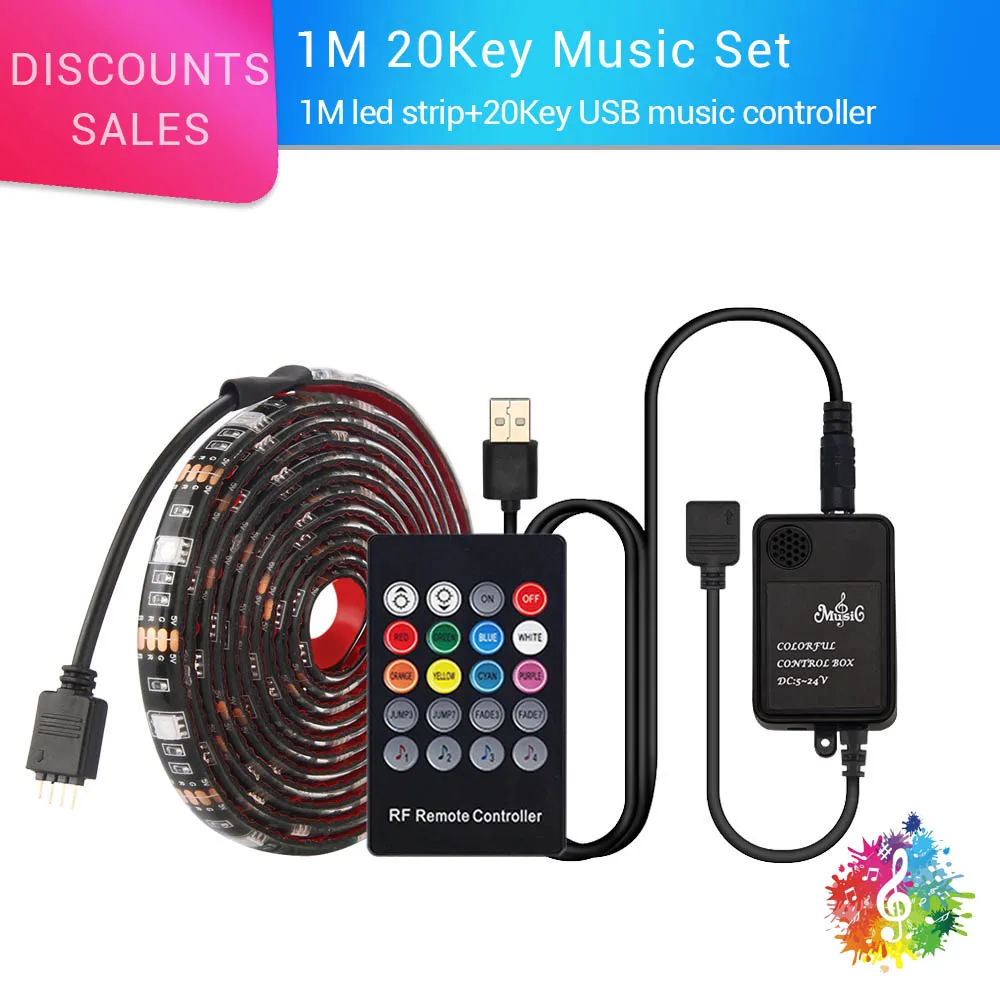 5050 RGB USB светодиодный набор полос с 20Key RF пульт дистанционного управления светодиодный музыкальный контроллер USB светодиодный светильник полоса для телевизора фоновая лампа лента светодиодный лента - Испускаемый цвет: 1M