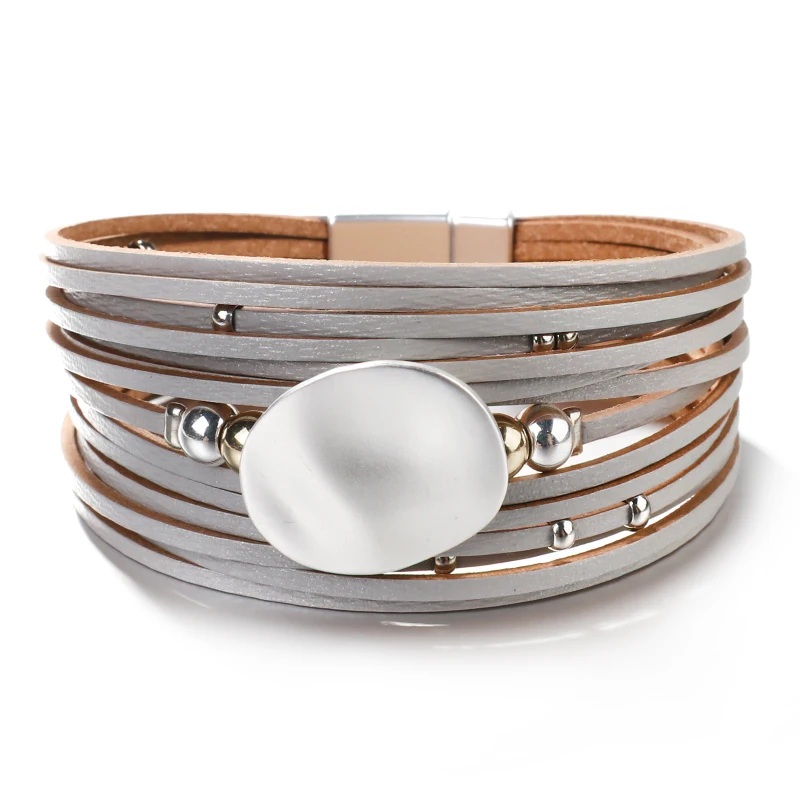 

ALLYES Gold Round Leather Bracelets For Women 2019 Fashion 14 Strips Boho Multilayer Wide Wrap Bracelet Femme Jewelry