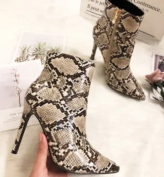 

Free shipping fashion women snake python printed point toe high heels ankle short boots 10cm