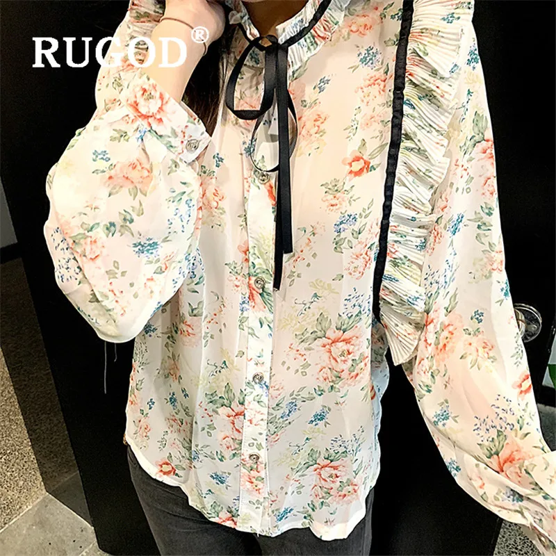 RUGOD2020 Весенняя Цветочная блузка с бантом, женские блузки с длинным рукавом, элегантный топ, корейская модная одежда, женские рубашки, шифоновая рубашка