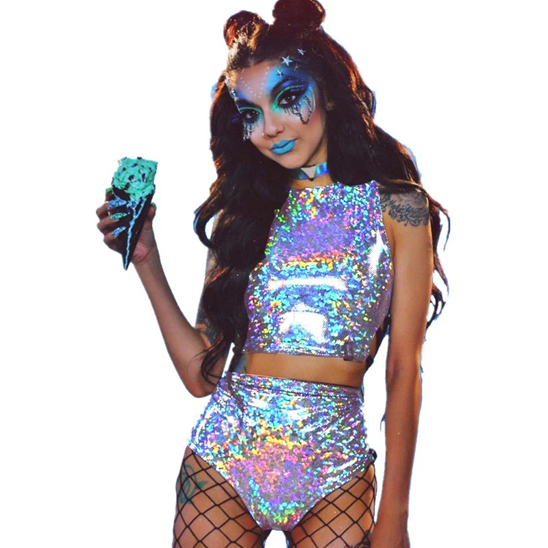 2 Piece Sets Holographic Crop Top And Hot Shorts Women Sexy Lace Up Festival Party Rave Clothing Two Piece Set