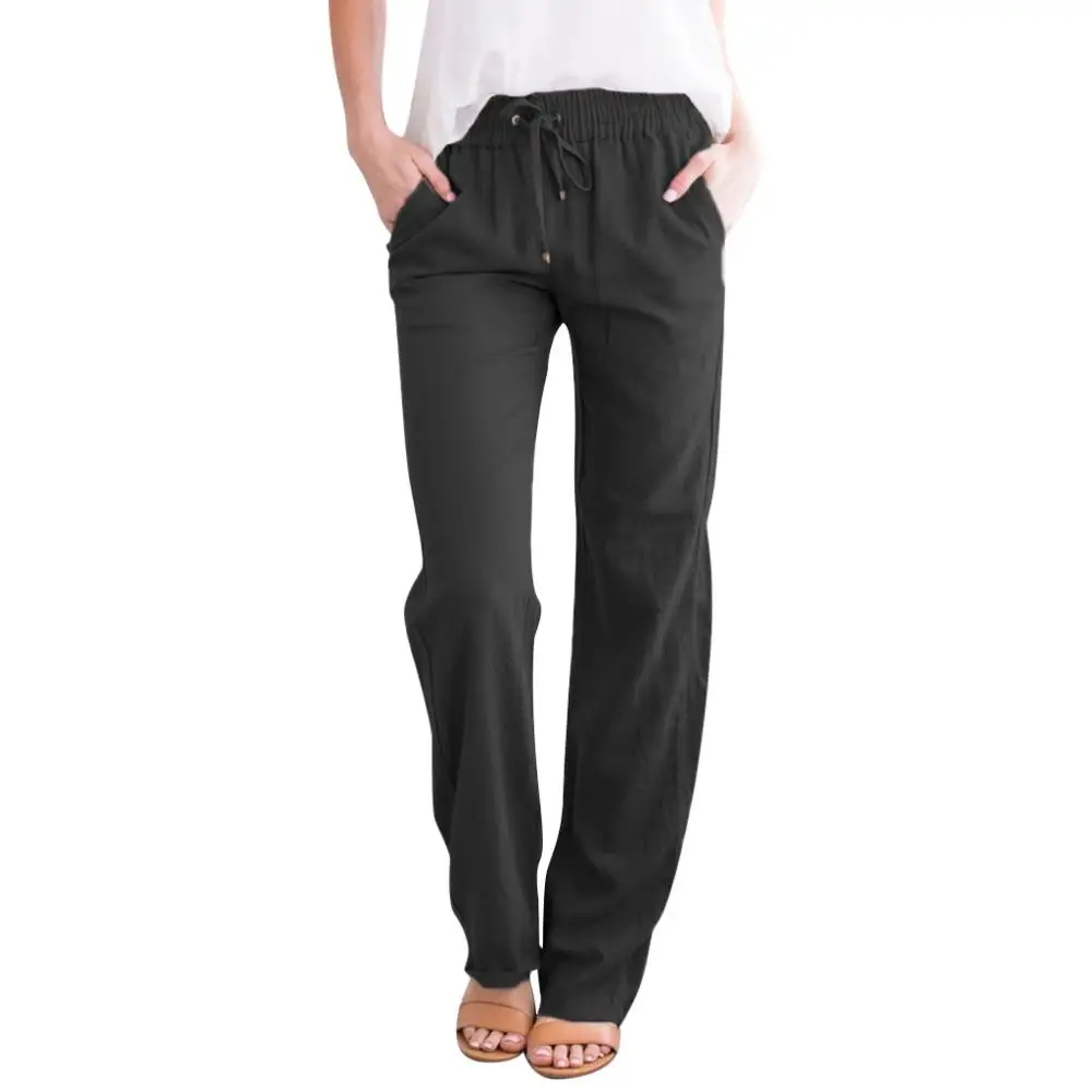 

Leisure Fashion Women Solid Lace Up Cotton And Linen Brief Casual Daliy Long Pants lightweight Comfortable