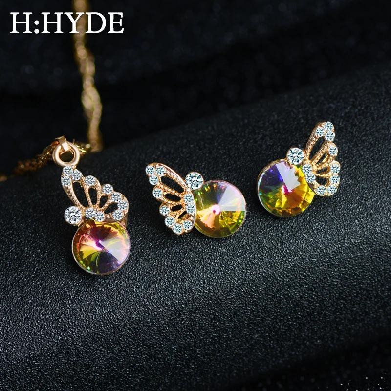 

H:HYDE Colorful CZ Crystal Jewelry Set Butterfly Pendant Necklace Earrings Set Charms for Women Wedding Statement Jewelry