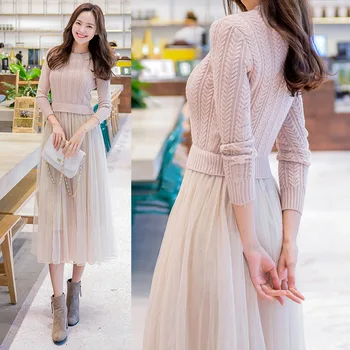 

Elegant Sweater Dress Women Autumn Winter Dress Long Sleeve Women Knitted Dress Sweater Women Mesh Patchwork Long Dress