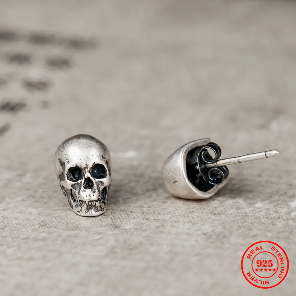 MKENDN 100% 925 Sterling Silver Creative Retro Skull Stud Earring Trendy Street Punk Style Ear Pin for Men Women Fine Jewelry