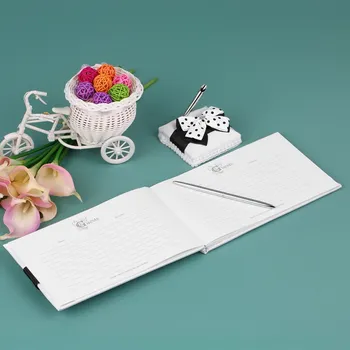 

Satin Wedding Guset Signature Book and Pen Stand Set with White Black Bowknot Decoration