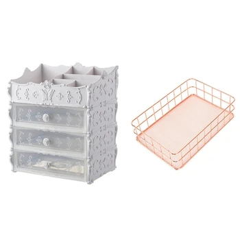 

2 Pcs Plastic Cosmetic Drawer Container Makeup Organizer Box Simplicity Style Rose Gold Metal Iron Storage Basket