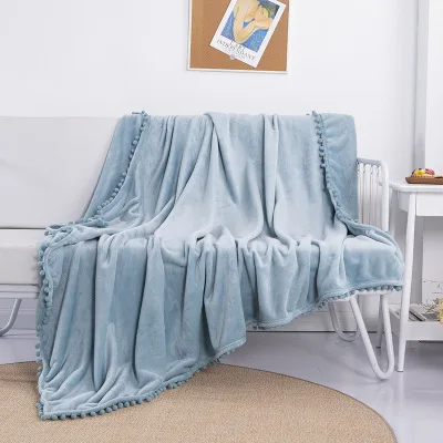 blue Одеяло с кисточками и кружевными помпонами, утолщенное бархатное одеяло, офисное покрывало для дивана, простое бархатное одеяло из овечьей шерсти, мягкое и удобное для кожи - Цвет: blue