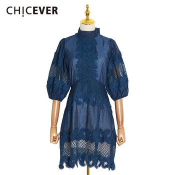 

CHICEVER Patchwork Lace Dresses For Female Turtleneck Lantern Hlaf Sleeve High Waist Hollow Out Mini Dress Women Fashion Clothes