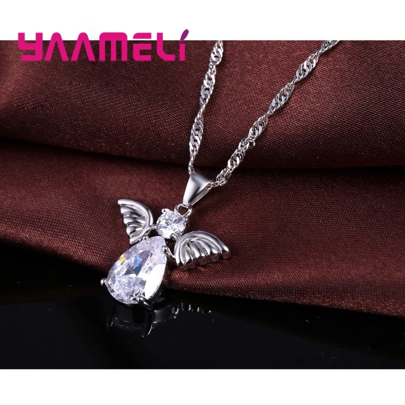 Silver Jewelry Set Cute Angel Shape Crystal 925 Sterling Silver Color Pendant Necklace And Earring Set Lady Birthday