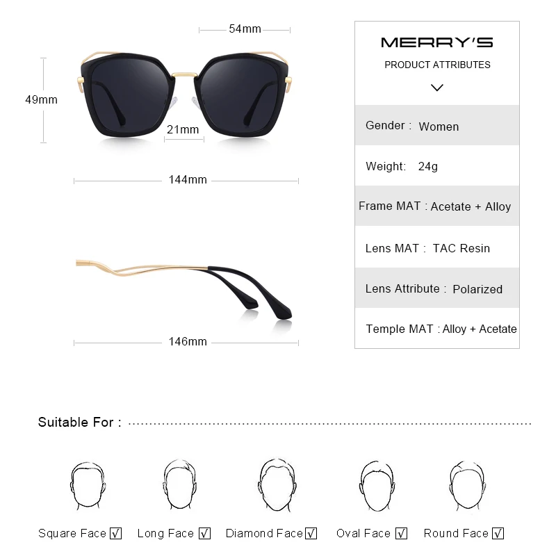 MERRYS дизайнерские женские роскошные брендовые солнцезащитные очки кошачий глаз, Женские Модные поляризованные солнцезащитные очки с защитой от уф400 лучей S6225