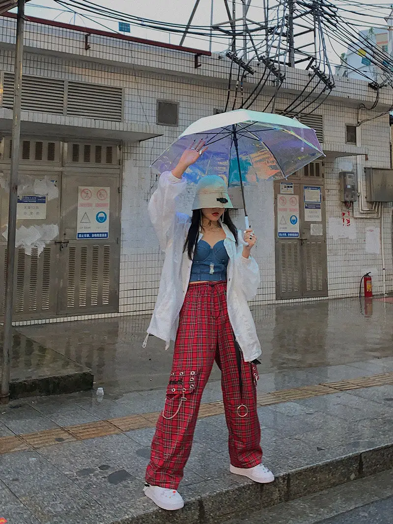 Qweek verificado calças femininas japonês streetwear punk