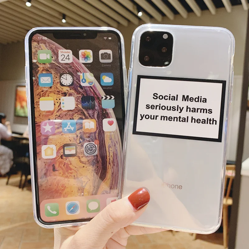 soft Silicone clear cover phone case for iPhone X XR XS Max 6 7 8 plus 5S 5SE social media seriously harms your mental health