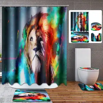 

4 Pcs For Lion Print Shower Curtain/Bath Mat/Toilet Pad Set Character Pattern Anti-slip Toilet Pattern Carpet Flannel Bath Mat