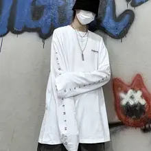 Camiseta Harajuku para hombre, camiseta retro con estampado de letras coreanas, tops holgados de manga larga de gran tamaño, tops de fondo