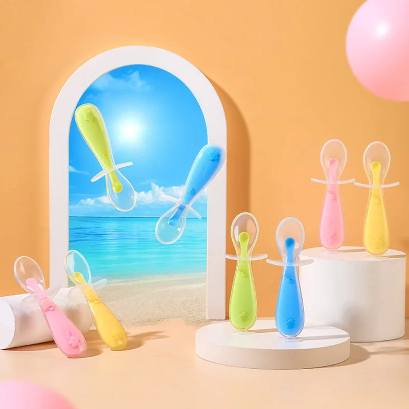 Babies Training Spoon With Suction Cup Children Tableware Infant Feeding Liquid Silicone Non-slip Baby Spoon Utensils
