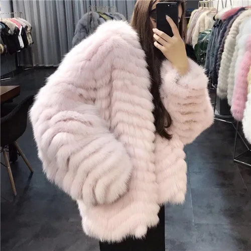 Пальто из натурального меха женская зимняя натуральная меховая куртка женская Высококачественная теплая маленькая полоска кожаные пальто из лисьего меха - Цвет: Light pink